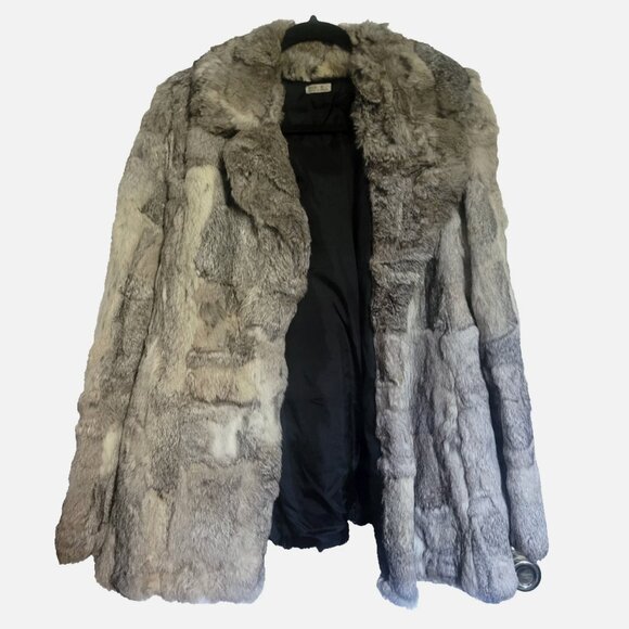 VTG Real Rabbit Fur Coat Open Front Jacket Gray Patchwork Women M Mobwife Glam - Picture 1 of 12